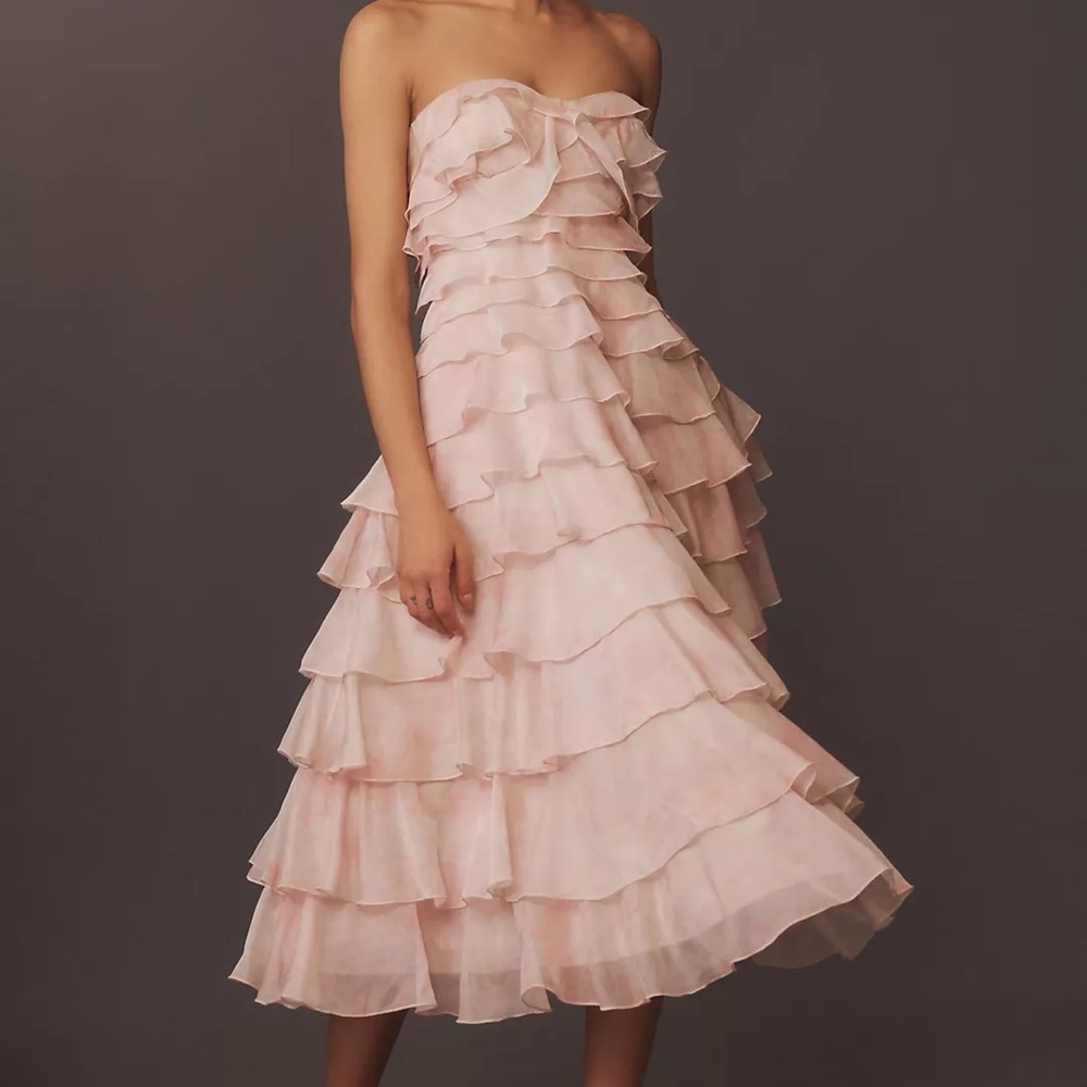 BHLDN Strapless Midi Ruffle Dress Blush